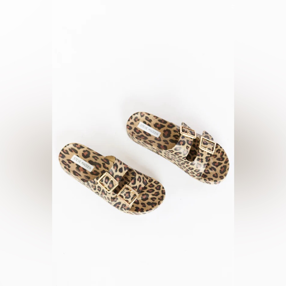 NWOT Steve Madden Evanne Animal Print Slides 1.25” Platform Brown Black Size 8 - Picture 2 of 8